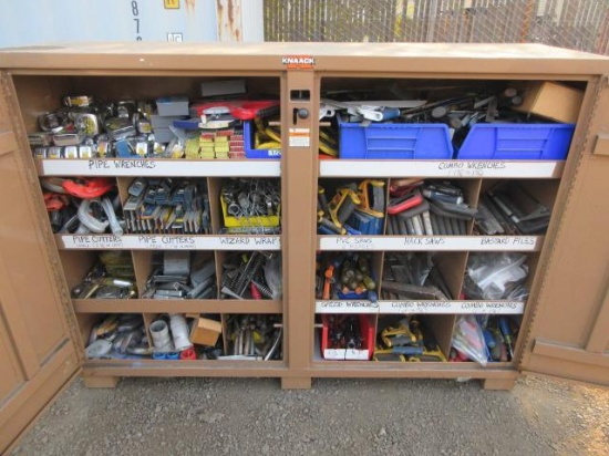 KNAACK 72'' X 20'' X 52'' STORAGE CABINET W/ RIDGID PIPE CUTTERS, MEASURING TOOLS, WRENCHES, SAWS &