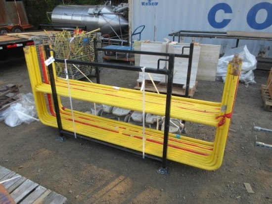 (11) 8' STEEL TEMPORARY GUARD RAIL SECTIONS W/ BASES & STEEL MATERIAL RACK