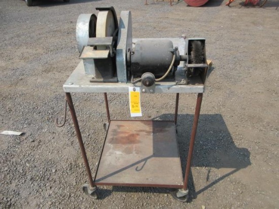 METAL TABLE W/ VISE, GRINDER, & WIRE WHEEL TABLE IS 24'' WIDE, 27'' DEEP, 38'' HIGH