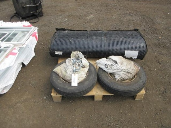 ROLL OF 4' DRAINAGE MAT, (2) 5.30-12 TRAILER TIRES W/ WHEELS & (2) SETS OF TIRE CHAINS