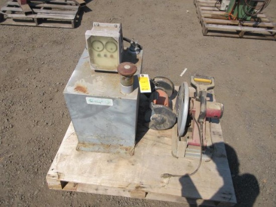 CHICAGO ELECTRIC 14'' CUTOFF SAW, CENTRAL MACHINERY 8'' DUAL HEAD BENCH GRINDER, & STEEL FUEL TANK