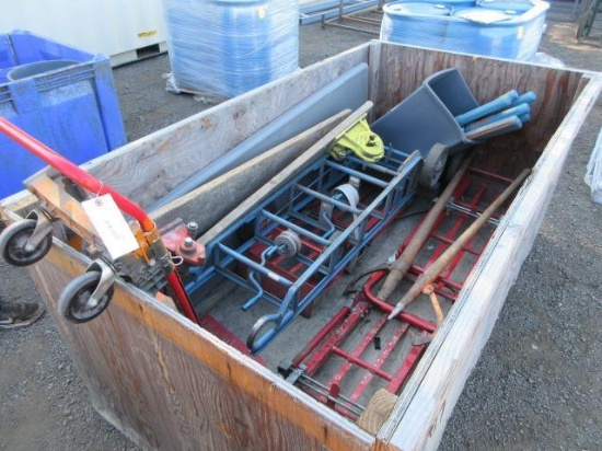 (2) CUTTER/ BENDERS, (2) LOG HOOKS, (5) ASSORTED HAND TRUCKS, WELDING ROD CASES, & 94'' X 55'' WOOD