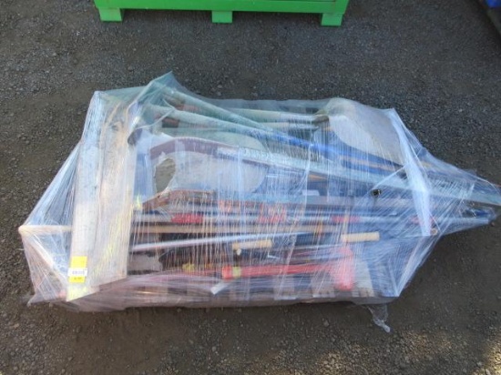ASSORTED SHOVELS, PRY BARS, HAMMERS & HAND TOOLS