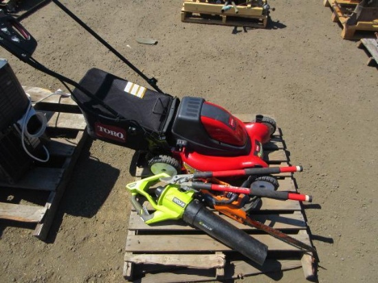 TORO E-CYCLER ELECTRIC PUSH MOWER, RYOBI ELECTRIC LEAF BLOWER, ATLAS ELECTRIC CHAINSAW (NO BATTER...