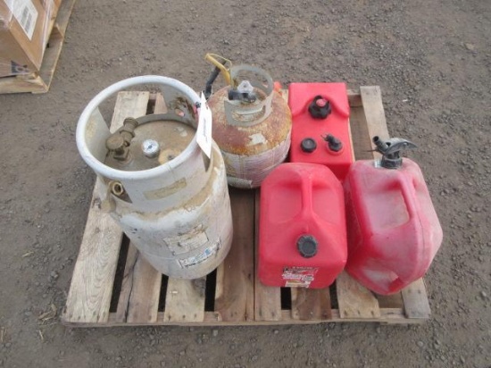 ASSORTED GAS & OIL CANS & (2) PROPANE TANKS