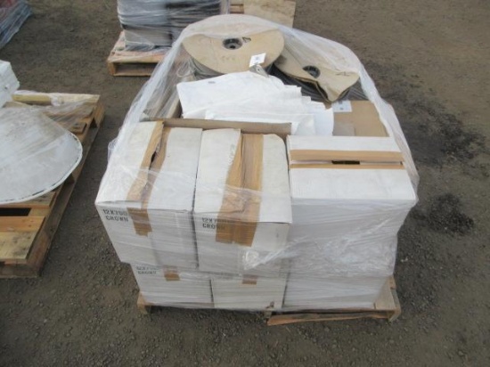 NON-TILT OVERBED TABLE, ASSORTED FOAM STRING ROLLS, TARPS, & EMPTY BEVERAGE BOTTLES
