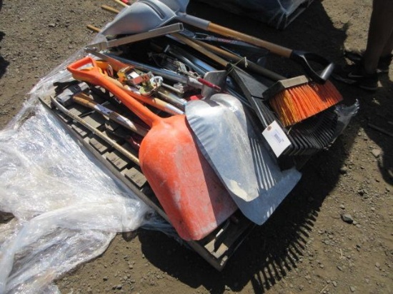 ASSORTED SHOVELS, BROOMS, JACKJAW, PRY BARS, CABLE COMEALONGS, HAMMERS, BOLT CUTTERS