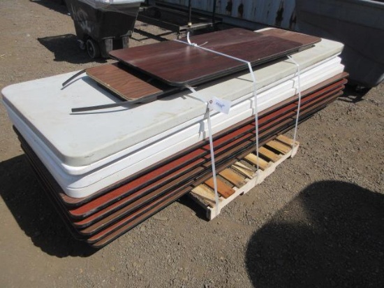 (7) WOOD, (4) PLASTIC 8' COLLAPSABLE TABLES, 4' X 6' WOOD TABLES
