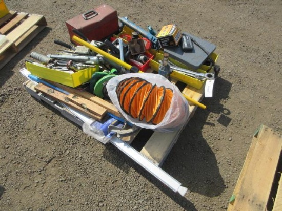 ASSORTED HOLE SAW BITS, WRENCHES, PELOUZE SCALE, LEVELS, (2) CORDED CIRCULAR SAWS, BLADES, PIPE