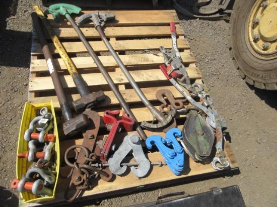 HEAVY DUTY D-RING SHACKLES, (2) SLEDGEHAMMERS, (2) CABLE COMEALONGS, (2) PIPE BENDERS & ASSORTED