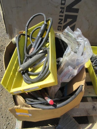OXYACETYLENE TORCH LINES W/ REGULATORS, WELDING LEADS & FACE SHIELDS