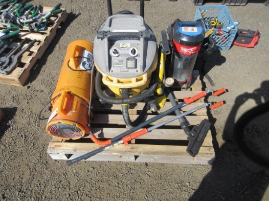 DEWALT HEPA SHOP VACUUM, MILWAUKEE CORDLESS BACKPACK VACUUM (NO BATTERY), AIR MOVER, & (2) DRAIN
