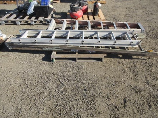 HUSKY 8' FIBERGLASS A-FRAME LADDER, 16' ALUMINUM EXTENSION LADDER, & (2) WOOD A-FRAME LADDERS