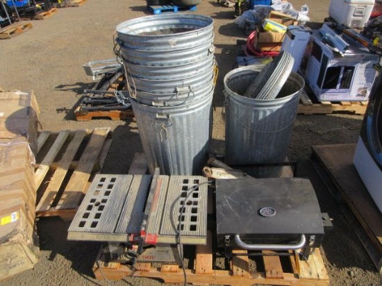 PRO-TECH 10'' TABLE SAW, PORTABLE GAS GRILL, FLOOR JACK & (7) WASTE CANS