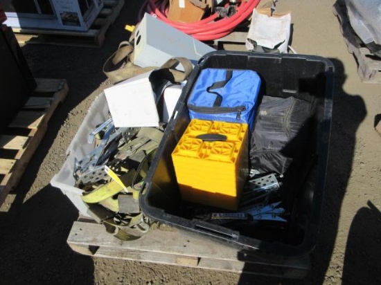 ASSORTED RATCHET STRAPS, RV WHEEL CHOCKS, SAFETY SWITCH, TIRE CHAINS, TARP & PORTABLE TABLES