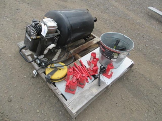 CENTRAL PNEUMATIC VERTICAL AIR COMPRESSOR, (6) 4-TON BOTTLE JACKS, ASSORTED NUT & SCREW DRIVERS,