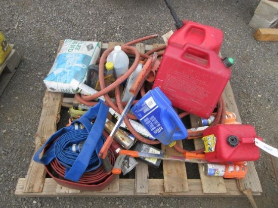 (2) WATER HOSES, (3) GAS CANS, (3) PAINT STRIPERS, ASSORTED PAINT & RATCHET STRAPS