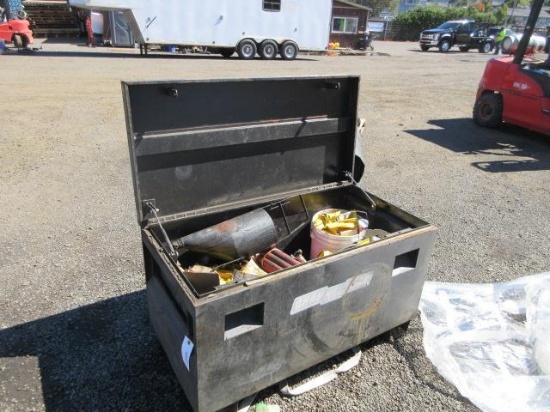 48'' X 24'' CHANNEL LOCK STORAGE BOX W/ PROPANE TANK, TORCH, TEMPORARY LANE DIVIDERS, AIR HOSE &