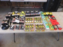 ASSORTED UNUSED RATCHET TIE-DOWNS, SIMPLE STRAP RUBBER TIE DOWNS & LAWN FURNITURE WEBBING