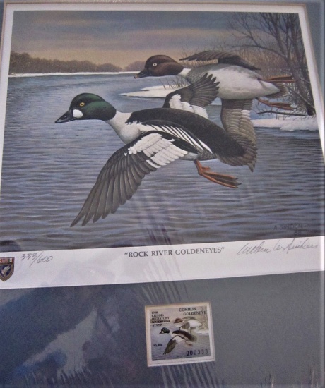 1988 #333/600 Lmtd. Ed. "Rock River Goldeneyes" IL Migratory Bird Stamp of the Year painting. Signed