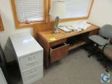 (1) 6' wood credenza, (1) 2-drawer file cabinet, and (1) lamp