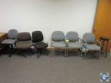 (3) Assorted rolling chairs, (3) cushioned chairs, and (1) stool