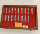 17 Western Theme Pocket Knives w/Oak Display Case
