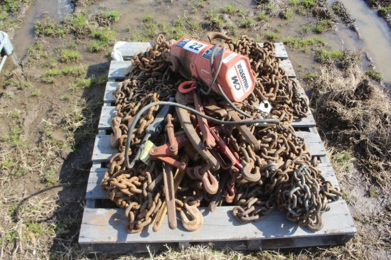Lot of Chains, Chain Binders, & Electric Hoist