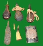 Assorted Vintage Powder Flasks, Horns, and Bags