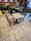 TWO SEAT TABLE AND TWO BROWN CHAIRS