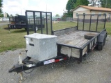 16' TANDEM AXLE WOOD DECK TRAILER W/ FOLDING REAR RAMP & FOLDING SIDE RAMP.