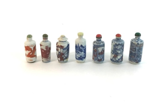 Collection of 7 Antique Oriental Asian Ceramic Blue and Red Glazed Snuff Bottles