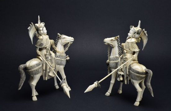 Antique 2 Piece Carved Pachyderm Material Figural Signed Horse & Soldiers Oriental Sculptures