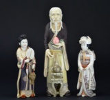 Antique 3 Piece Carved & Painted Ivory Figural Oriental Signed Sculptures.