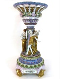 Very Large Vintage Dresden Signed Painted Porcelain Figural Compote Centerpiece