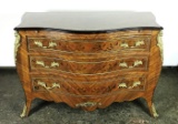 Contemporary Louis XV Style Bombe Commode w/ Gold Ormolu & Intricate Marquetry
