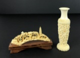 Pair of Carved Pachyderm Material Floral Vase and Village Scene