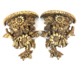 Pair of Flowers and Birds Wooden Carved Wall Sconces