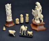 Antique Collection of Carved Asian Pachyderm Material Figural & Animal Oriental Sculptures