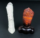 Carved Pachyderm Material Totem & Red Carved Crowned Head