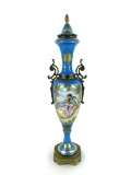 Vintage Blue French Figural Sevres Painted & Signed Porcelain Urn Vessel with Gilt Bronze Fittings