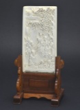 Antique Carved Pachyderm Material Figural, Dragon & Landscaped Signed Oriental Sculpture Plaque