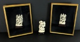 Three Asian Carved Scenes; Two in frames, Antique Pachyderm
