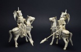 Antique 2 Piece Carved Pachyderm Material Figural Signed Horse & Soldiers Oriental Sculptures