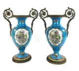 Pair of William Lowe WL 1895 Lee Wong? Victorian Blue and Painted Porcelain Centerpiece Vases