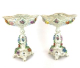 Vintage Pair of Dresden Saxony Floral and Painted Porcelain Console Compotes