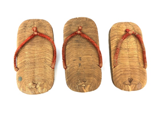Rare 3 Piece Vintage Oriental Wood Woven Geisha Geta Sandal Shoes