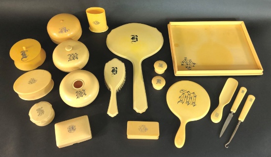Vintage Collection of 18 Monogram Pyralin French Ivory Celluloid Dresser Vanity Set Wash Room Items
