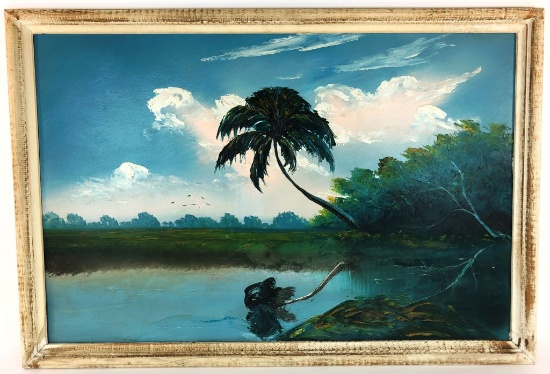 Vintage Florida Un-Signed Highwaymen Oil on Paper Board Marsh Scene Framed 38" x 26"