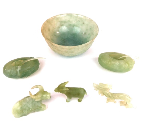 Carved Jade Lot of Bowl, Dragon Salt Cellars, Spoons, Bull, & More